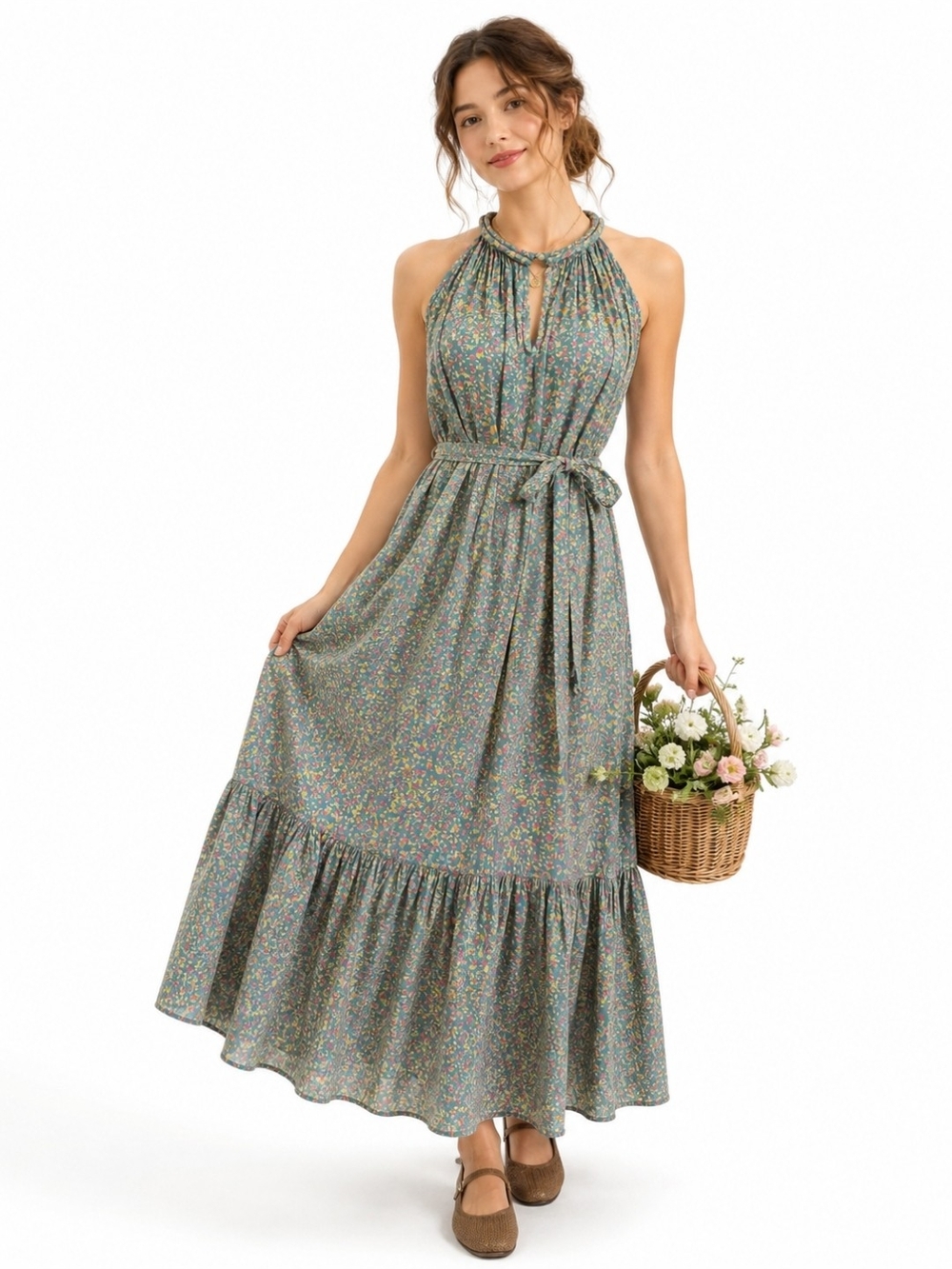MIRTH Cotton Floral Halter Maxi Dress Cottagecore Boho Homemade Corsica M